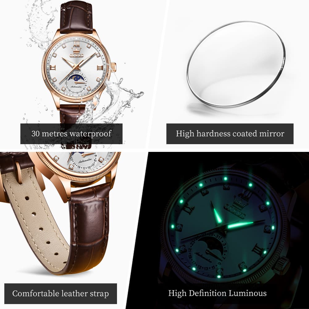 OLEVS 7039 Leather Moon Phase Mechanical Watch For Women