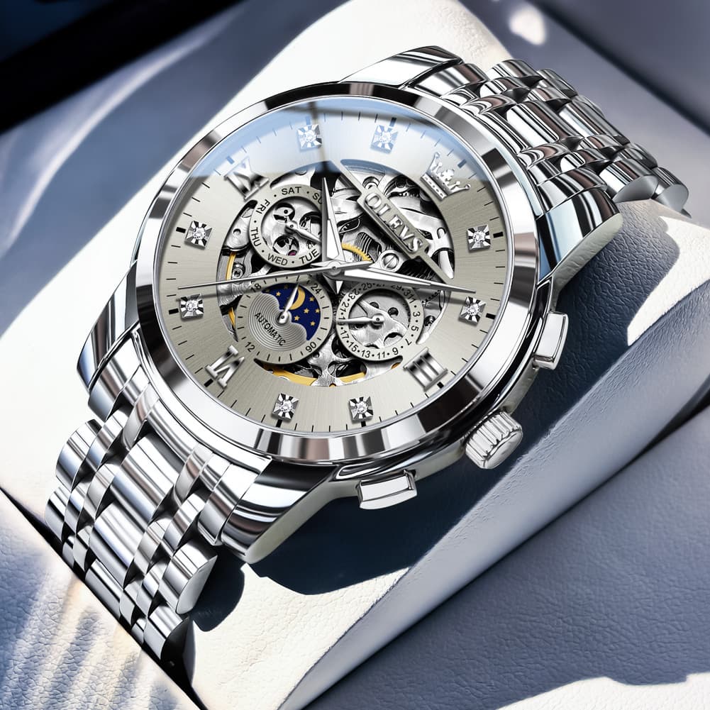 OLEVS 6721 Openwork Skeleton Diamond Dial Moon Phase Calendar Mechanical Watch For Men