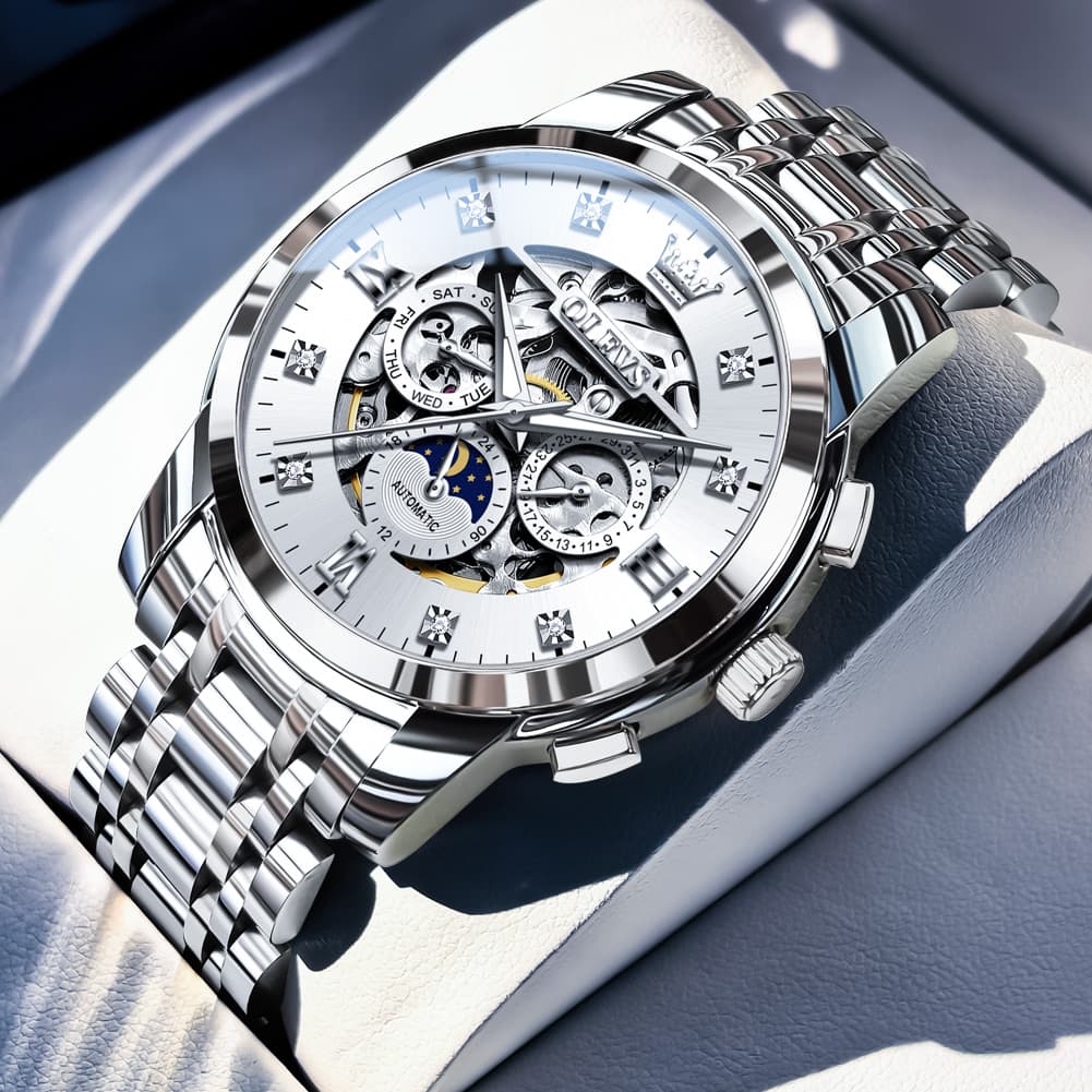 OLEVS 6721 Openwork Skeleton Diamond Dial Moon Phase Calendar Mechanical Watch For Men