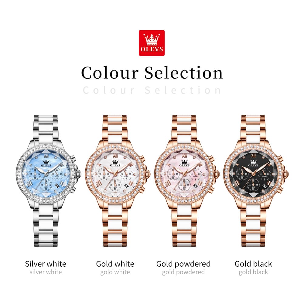 OLEVS 9999 Diamond Bezel Chronograph Ceramic Watch for Women