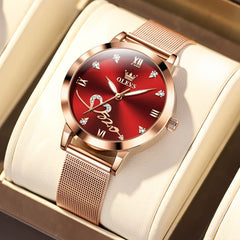 OLEVS Romantic Heart Crystal Dress Watch for Women Rose Gold Milanese Mesh 5530