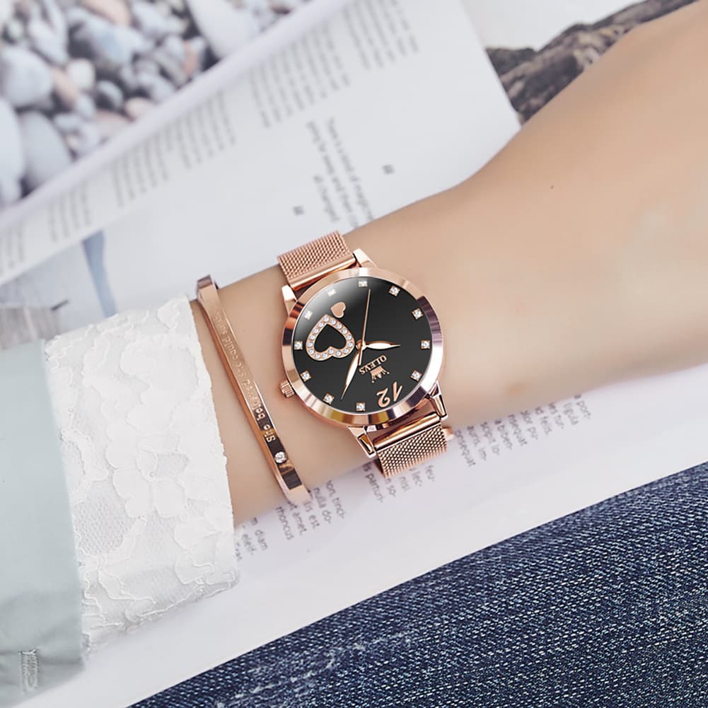 OLEVS 5189 Heart Motif Milanese Mesh Quartz Watch for Women