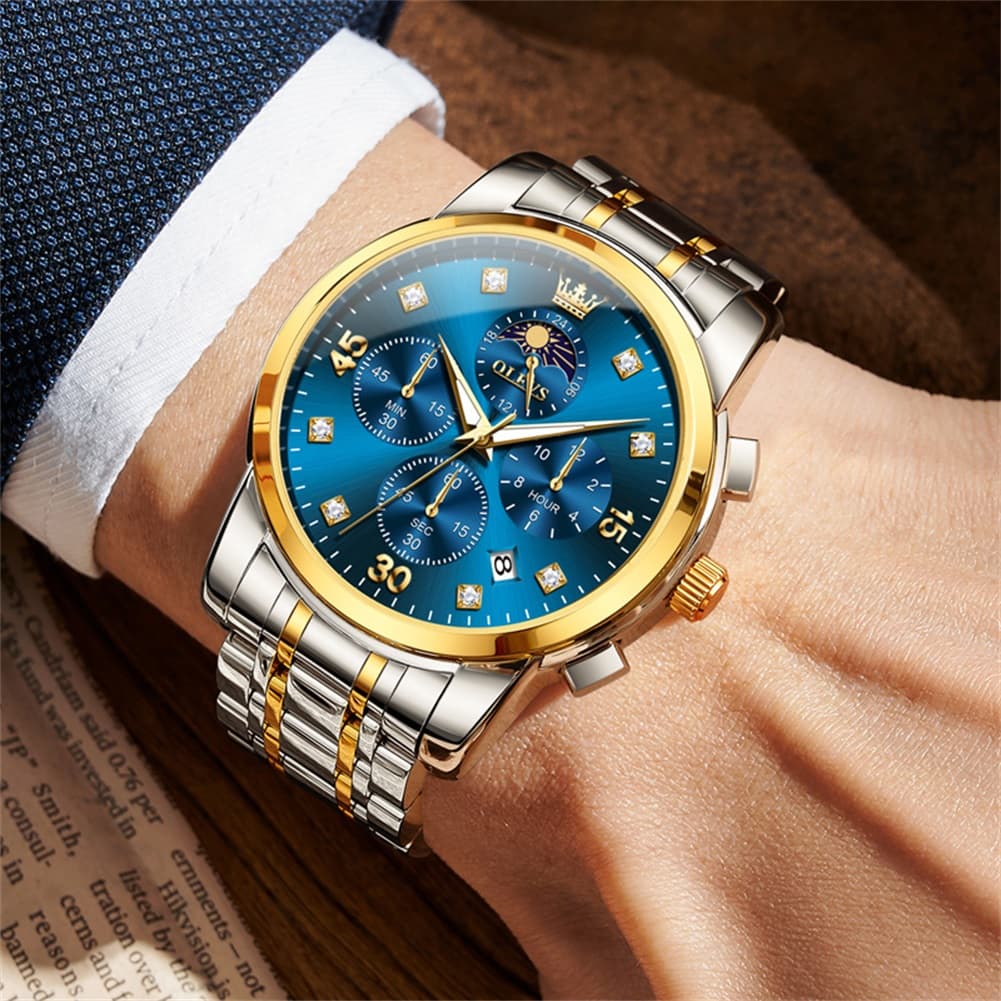OLEVS 3652 Chronograph Moon Phase Diamond Dial Stainless Steel Watch For Men