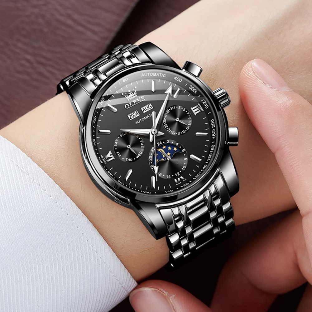 OLEVS 6633 Stainless Steel Mechanical Moon Phase Watch for Men