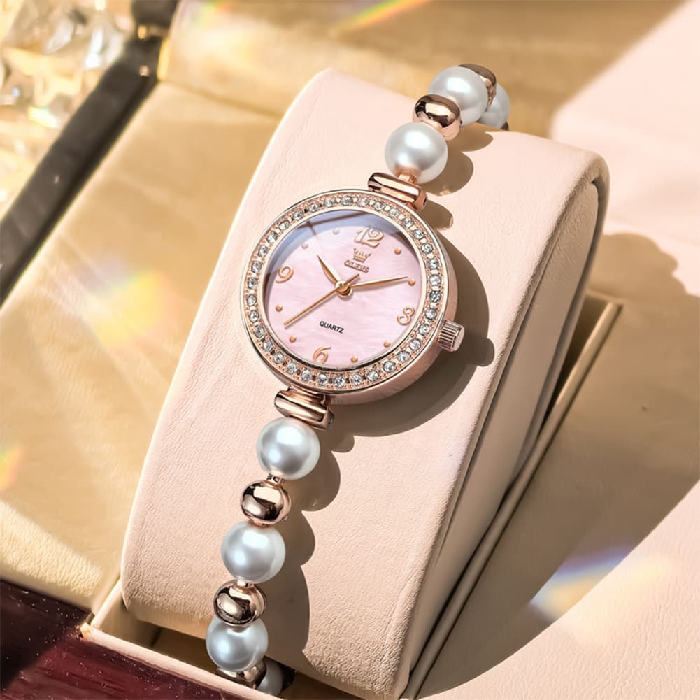 OLEVS Women Pearl Bracelet Watch Diamond Bezel Mother of Pearl Quartz 5640