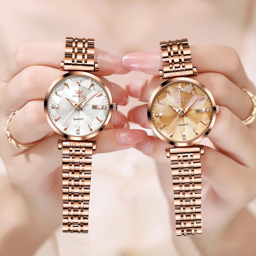 OLEVS Diamond Cut Crystal Dress Watch for Women Stainless Steel 5536