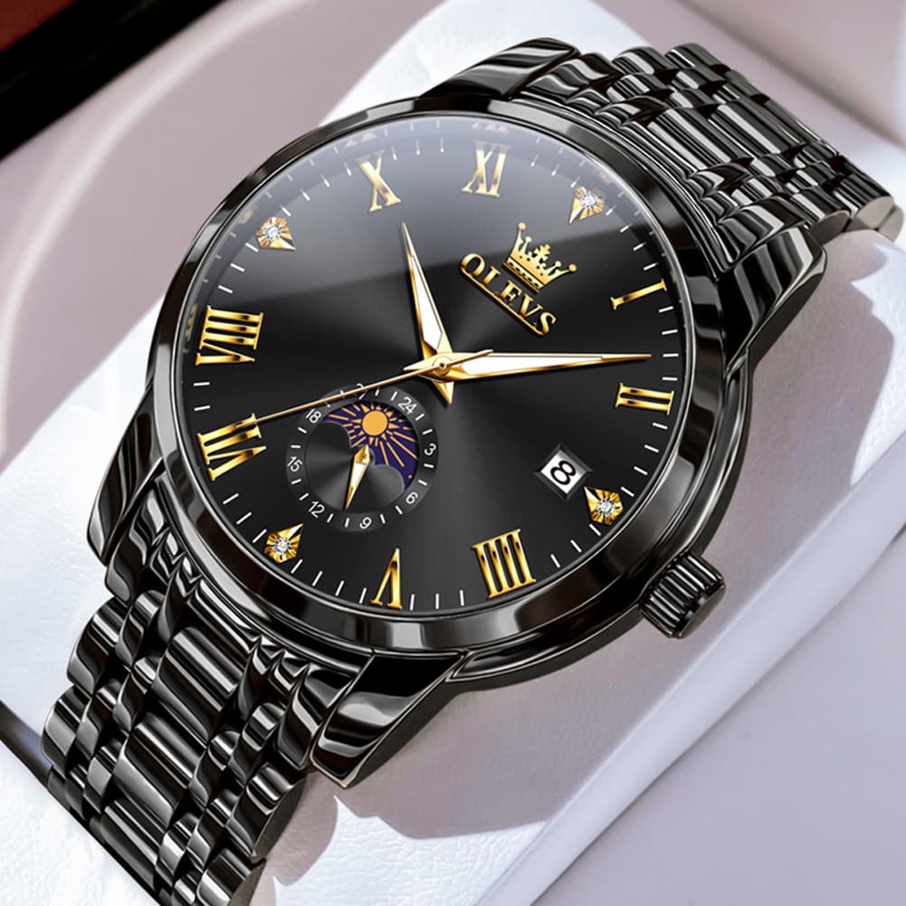 OLEVS 3656 Minimalist Moon Phase Roman Dial Stainless Steel Watch For Men