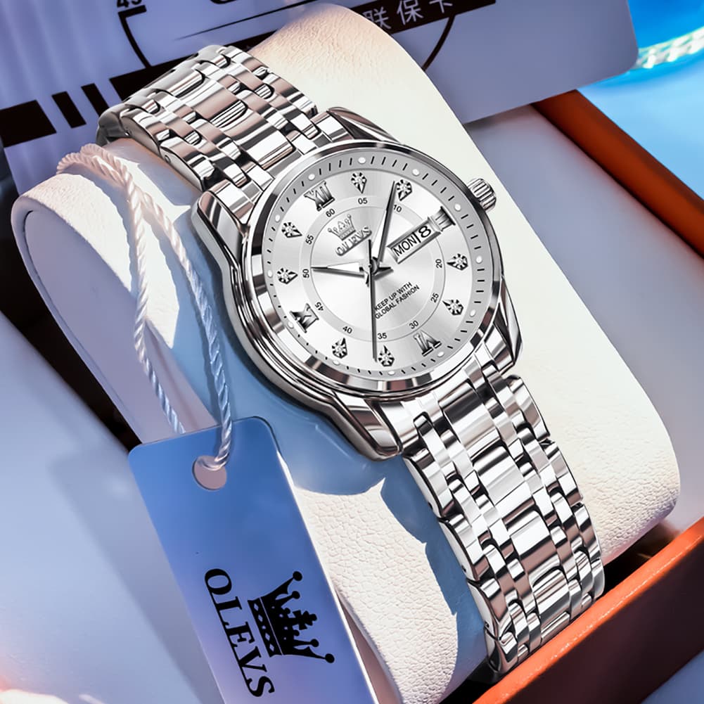 OLEVS Diamond Dial Day Date Quartz Watch 5513 Steel Band for Women
