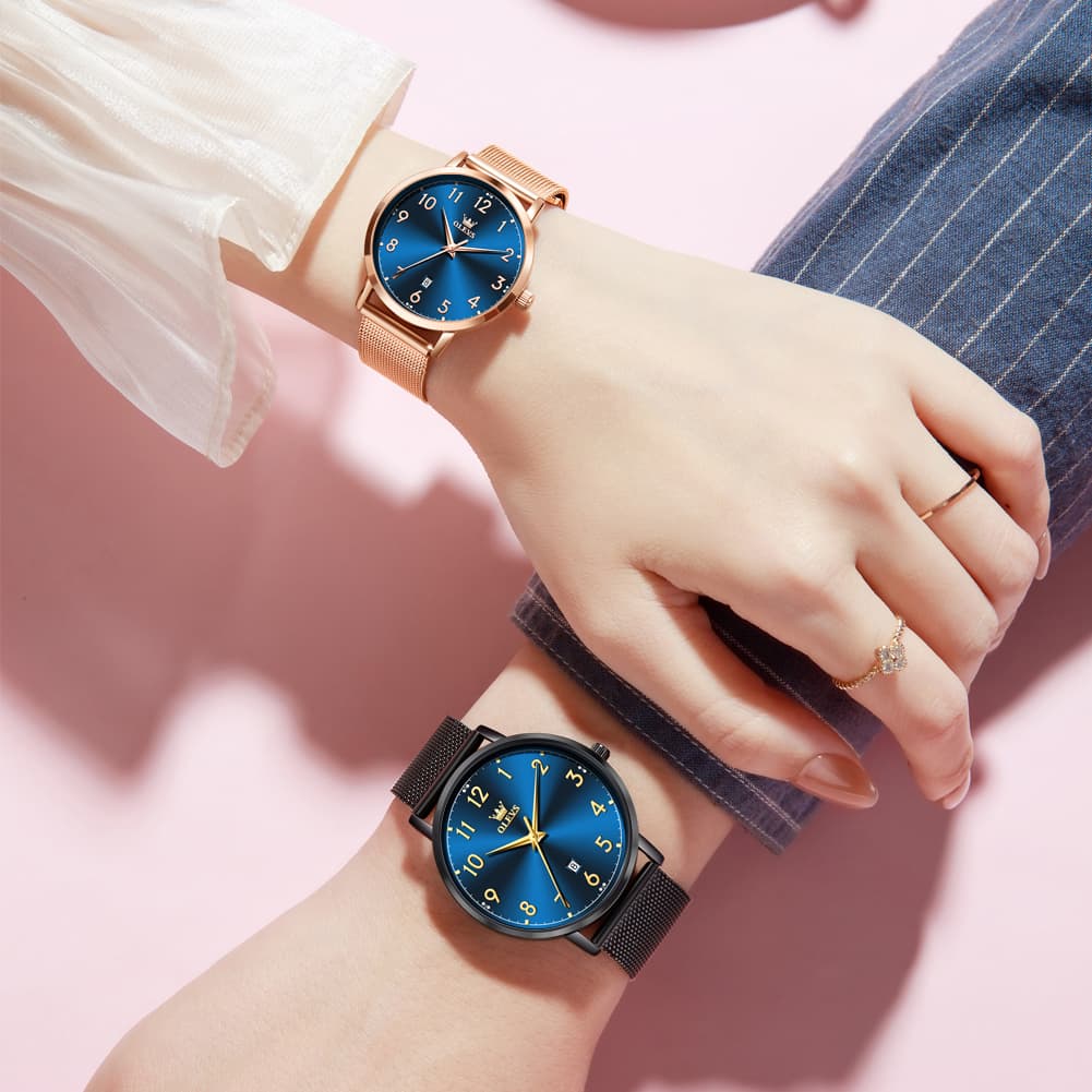 OLEVS 5653 Ultra Thin Couple Watch Milanese Mesh and Leather Strap Date Timepiece for Men and Women