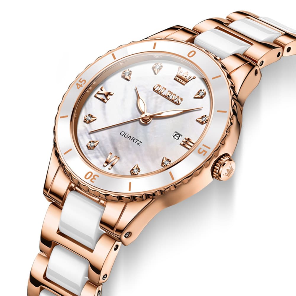 OLEVS 9985 Two Tone Ceramic Bracelet Quartz Watch for Women