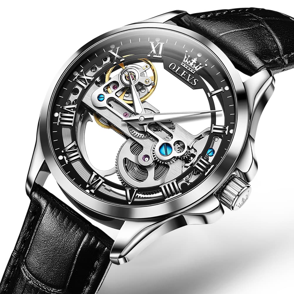 OLEVS 6661 Leather Skeleton Mechanical Watch for Men