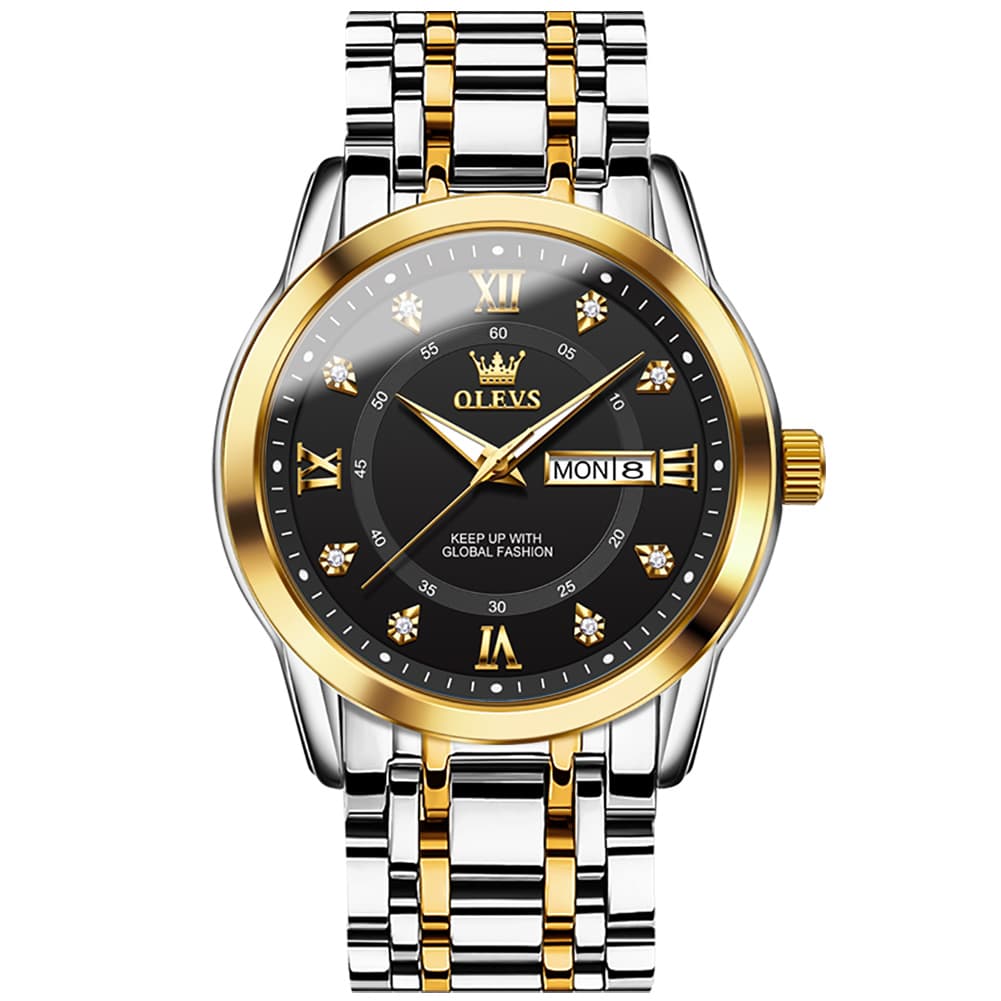 OLEVS Diamond Dial Day Date Quartz Watch 5513 Steel Band for Men