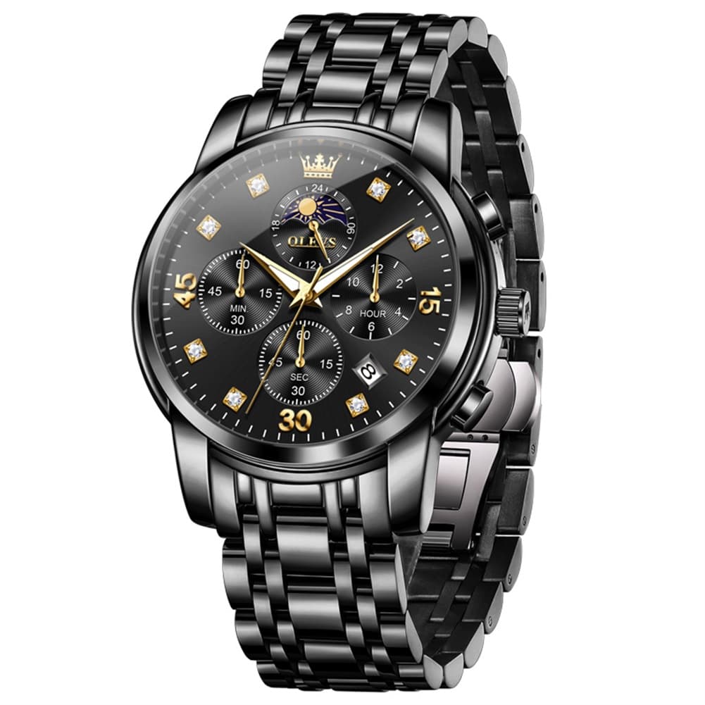 OLEVS 3652 Chronograph Moon Phase Diamond Dial Stainless Steel Watch For Men