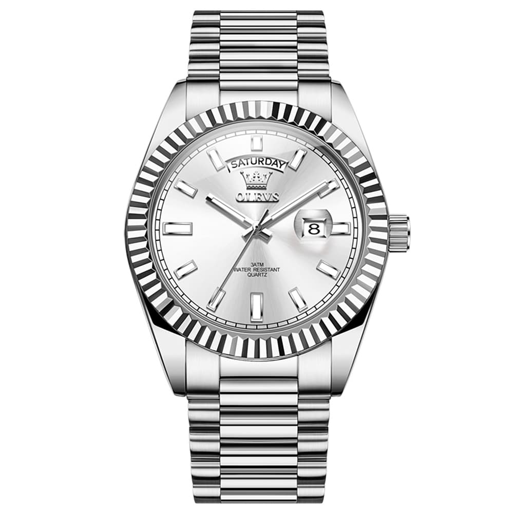 OLEVS 5650 Fluted Bezel Day Date Watch Stainless Steel Quartz Luxury Timepiece for Men