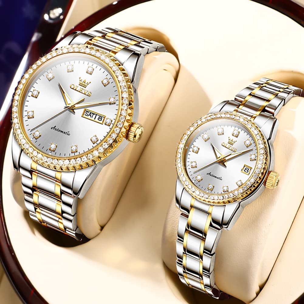 OLEVS 7003Q Diamond Bezel Automatic Couple Watch Set