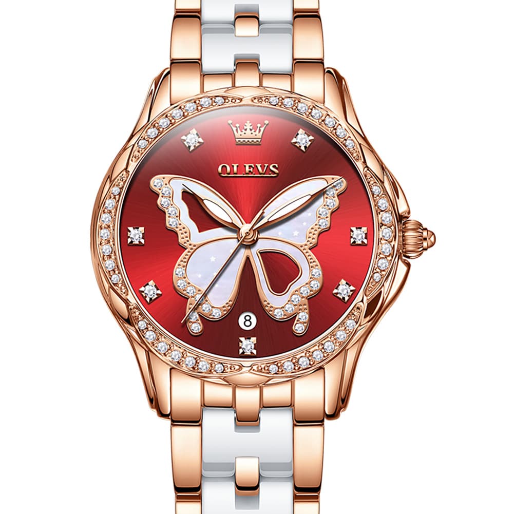 OLEVS Women Butterfly Watch Ceramic Rose Gold Diamond Date Quartz 5610