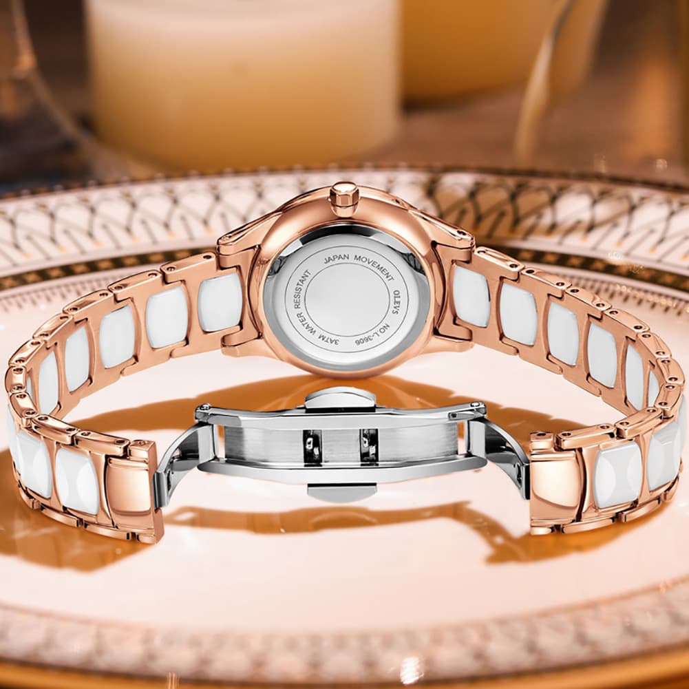 OLEVS 3606 Ceramic Rose Motif Quartz Watch for Women