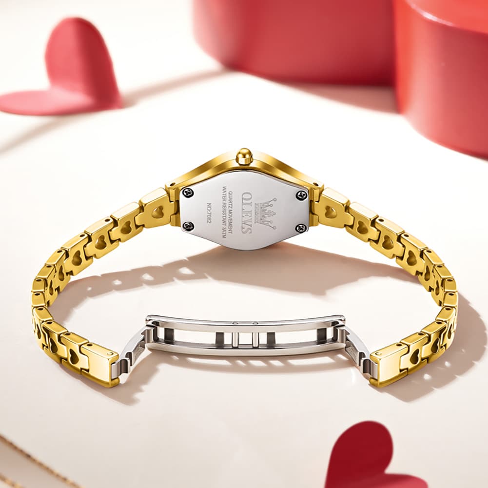 OLEVS 7082 Tungsten Steel Watch Dainty Heart Link Faceted Bracelet Diamond Accent Quartz Timepiece for Women