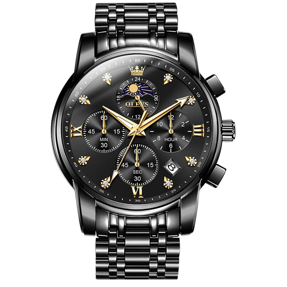 OLEVS 3655 Chronograph Moon Phase Roman Diamond Dial Stainless Steel Watch For Men