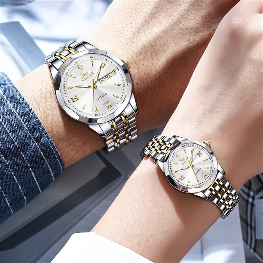 OLEVS 9998 Diamond Cut Glass Couple Dress Watch for Men and Women