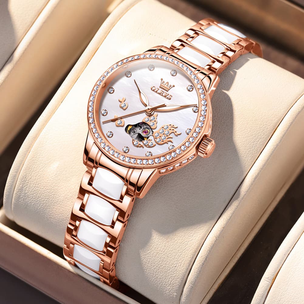 OLEVS 7001 Koi Skeleton Ceramic Mechanical Watch for Women