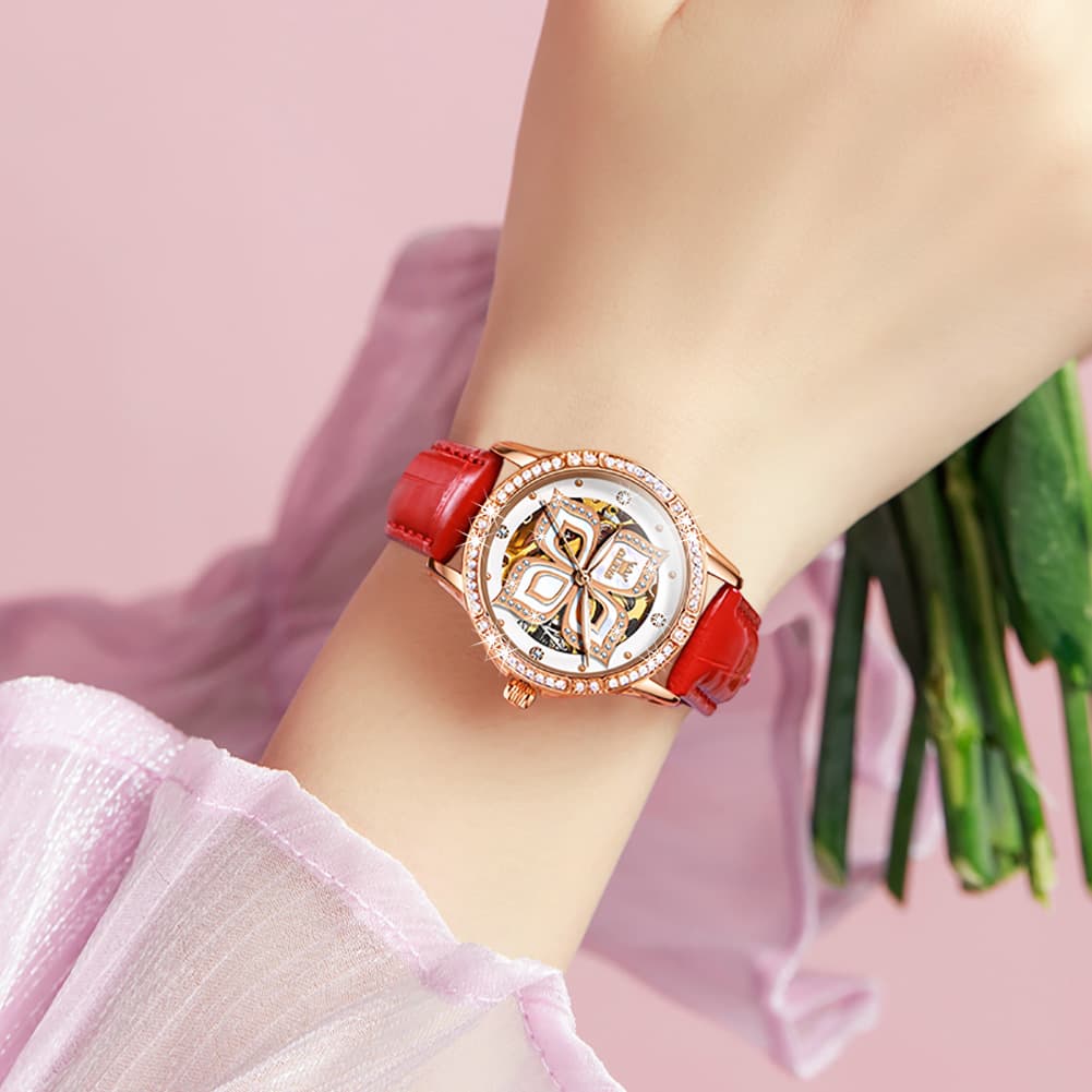 OLEVS 6612 Automatic Skeleton Four Leaf Clover Watch Set for Women