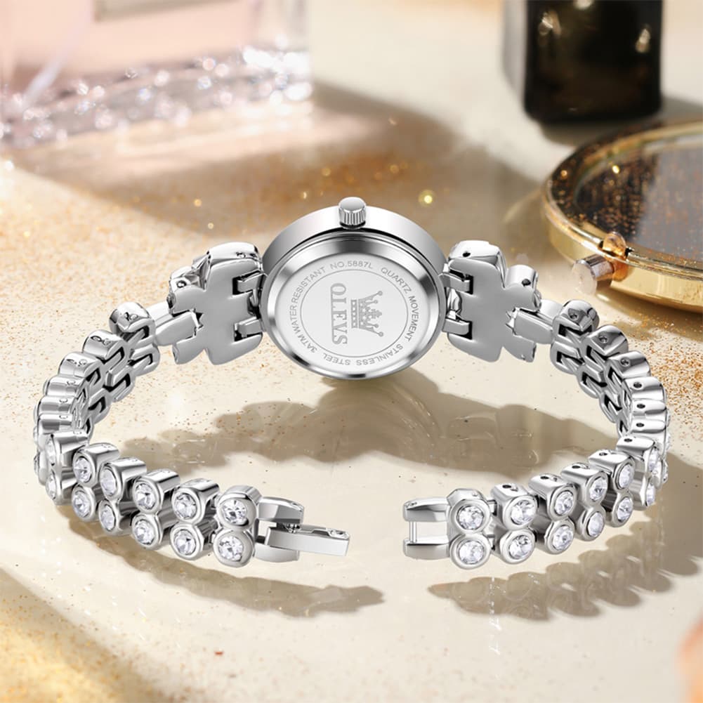 OLEVS 5887 Bow Knot Diamond Bracelet Watch Silver Zirconia Quartz Jewelry Timepiece for Women