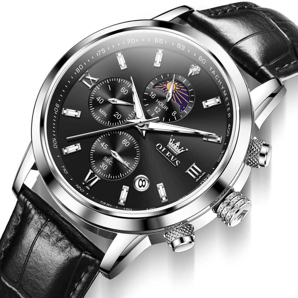 OLEVS 9812 Moon Phase Chronograph Leather Watch for Men