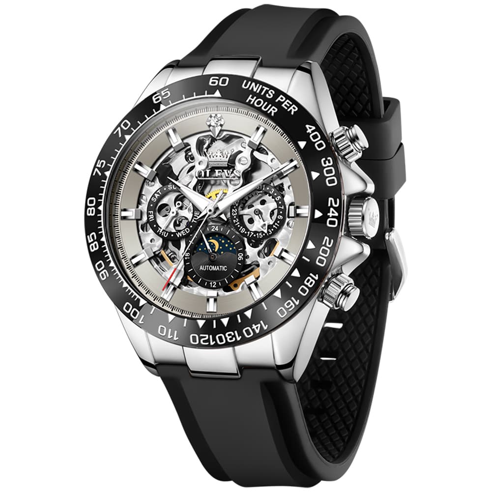 OLEVS 6713 Skeleton Silicone Sports Racing Mechanical Watch For Men