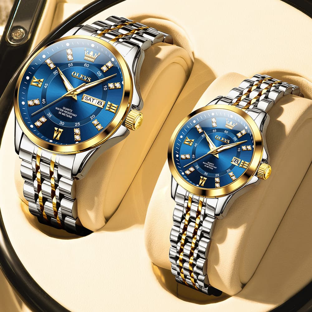 OLEVS 3620Q Classic Diamond Quartz Couple Watches Set