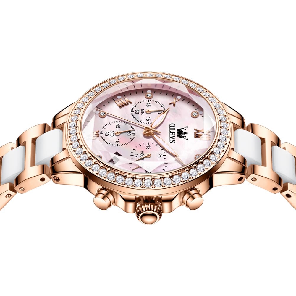 OLEVS 9999 Diamond Bezel Chronograph Ceramic Watch for Women