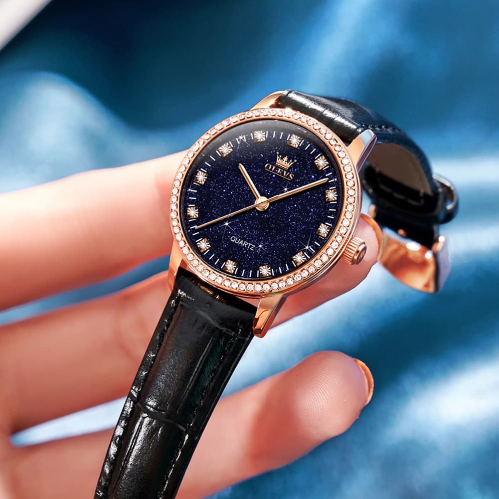 OLEVS Women Starry Sky Watch Diamond Bezel Leather Strap Quartz 5605
