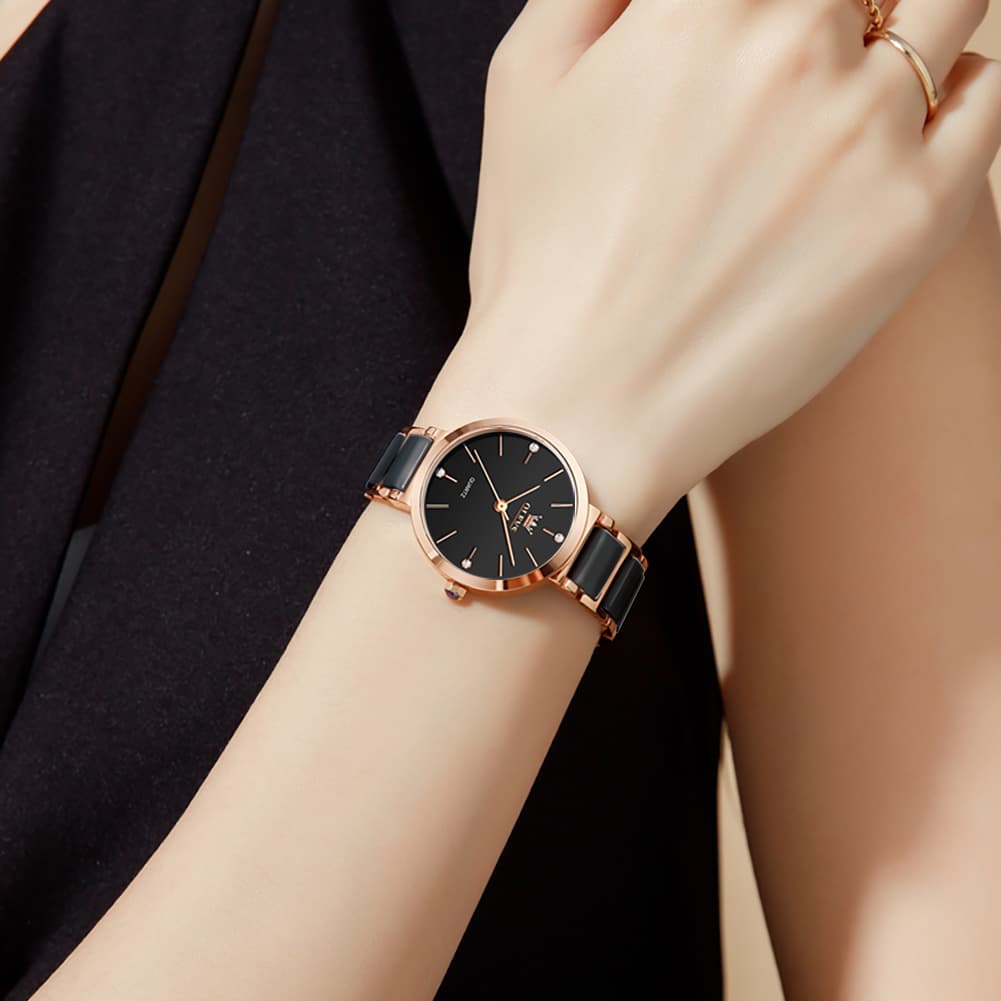 OLEVS 5877 Ceramic Bracelet Watch Rose Gold Minimalist Diamond Accent Japan Quartz Luxury Timepiece for Women