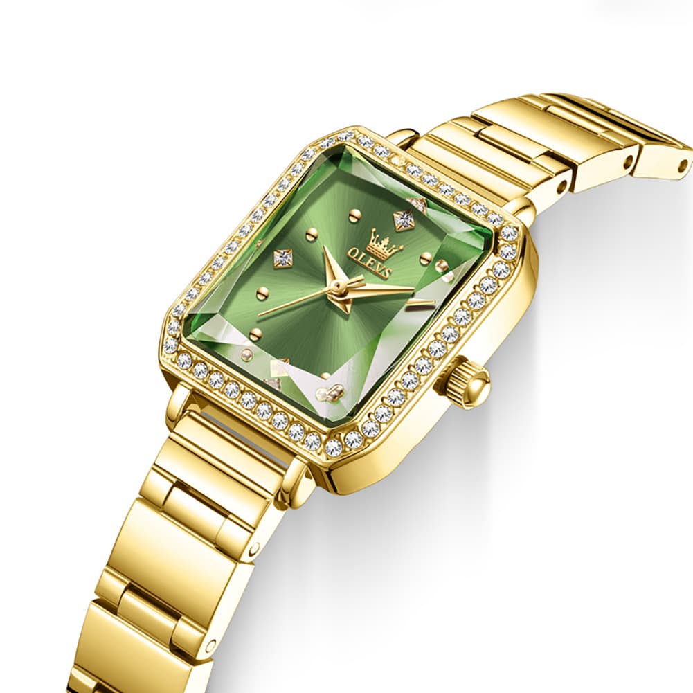 OLEVS 5688 Beveled Edge Crystal Rectangular Watch Diamond Bezel Stainless Steel Quartz Timepiece for Women