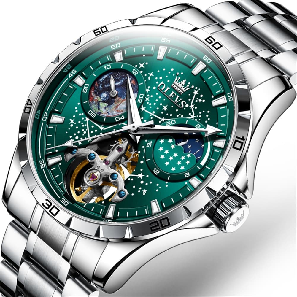 OLEVS 6689 Automatic Skeleton Starry Sky Leather Steel Watch for Men