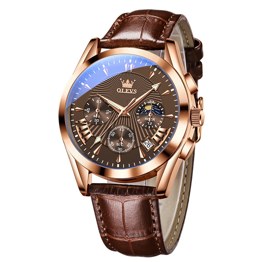 OLEVS 2876 Luxury Moon Phase Chronograph Leather Watch for Men