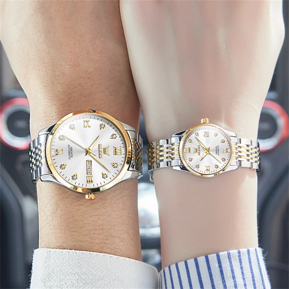 OLEVS 6673 Diamond Automatic Couple Watches Set