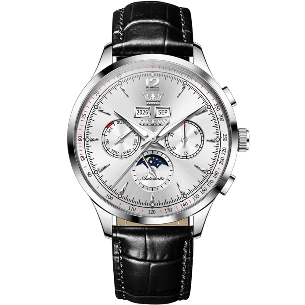 OLEVS Moon Phase Automatic Mechanical Watch 7128 Leather Strap for Men