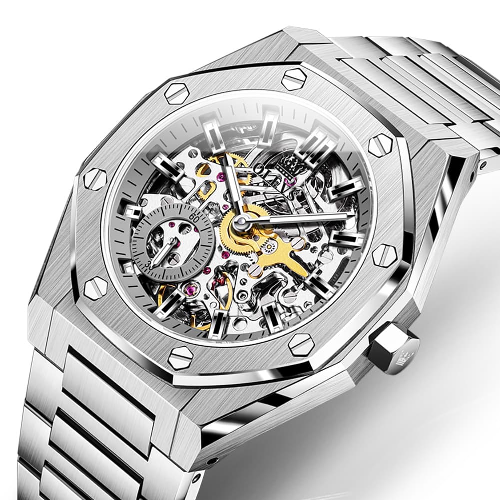 OLEVS 6669 Stainless Steel Octagonal Skeleton Watch for Men