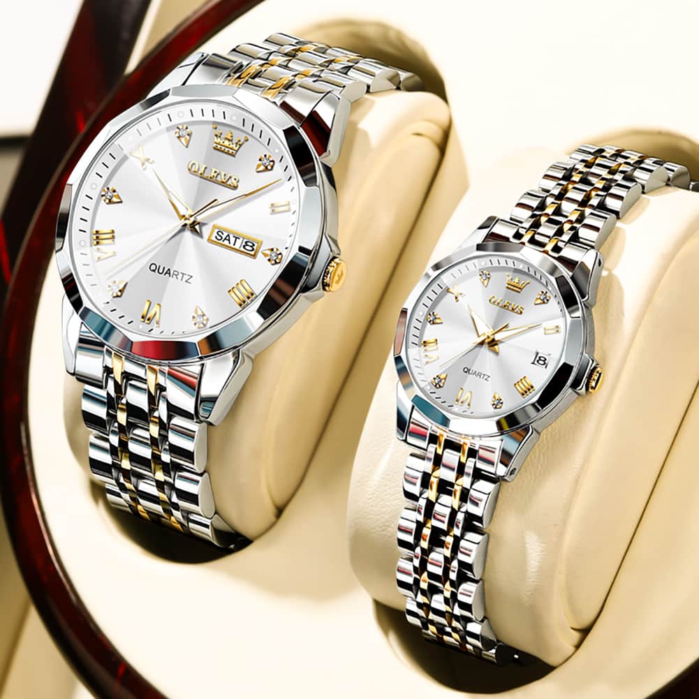 OLEVS 9931 Diamond Stainless Steel Couple Watch Set