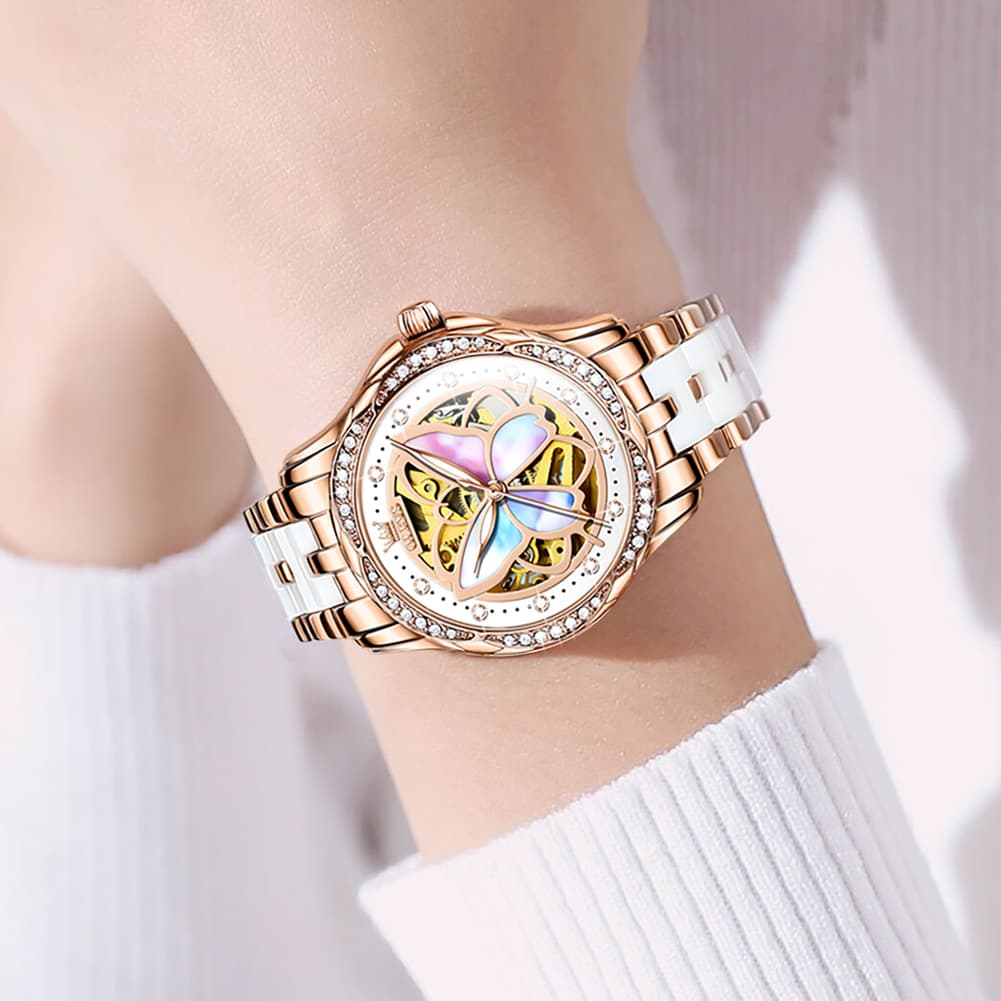 OLEVS 6615 Automatic Skeleton Bright Butterfly Watch Set for Women