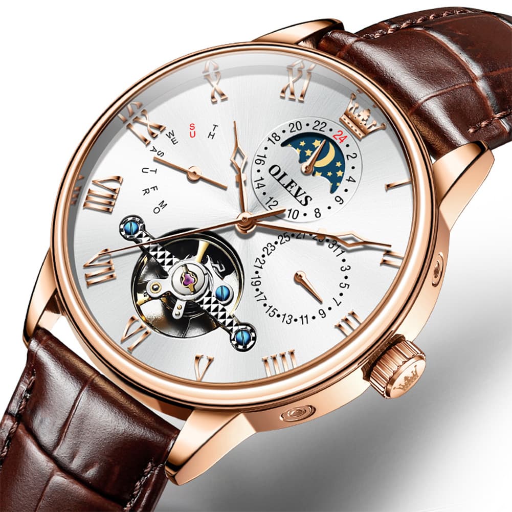 OLEVS 7009 Sun and Moon Skeleton Mechanical Watch for Men