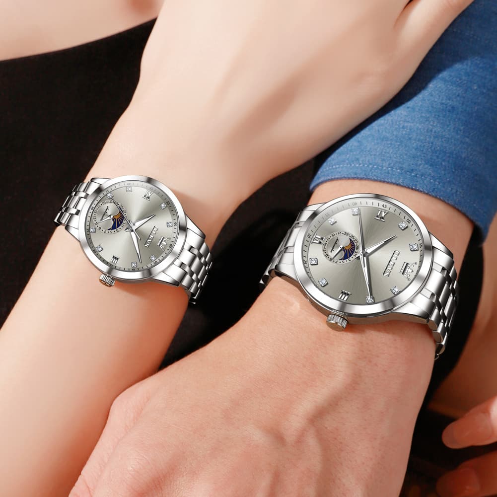 OLEVS 7041 Solid Steel Moon Phase Couples Watch Set