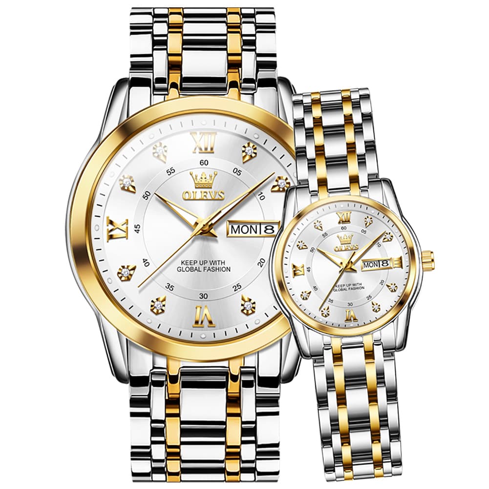 OLEVS Couple Watches Diamond Dial Day Date Quartz Watch 5513 Steel Band for His and Hers