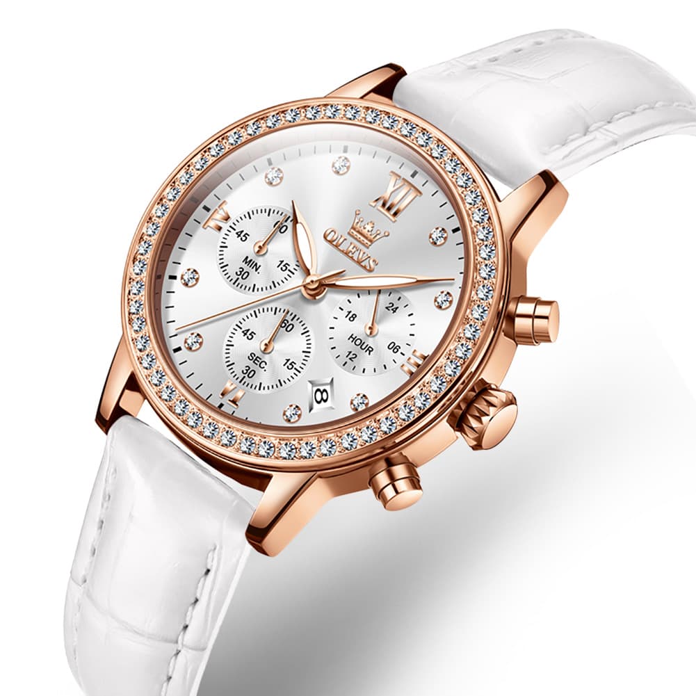 OLEVS 9933 Crystal Bezel Chronograph Leather Watch for Women