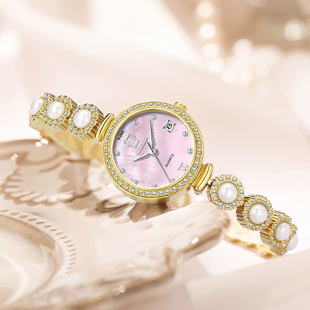 OLEVS Women Pearl Bracelet Watch Diamond Mother of Pearl Date Quartz 5635