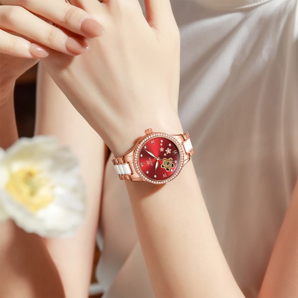 OLEVS 7074 Ceramic Open Heart Automatic Watch For Women