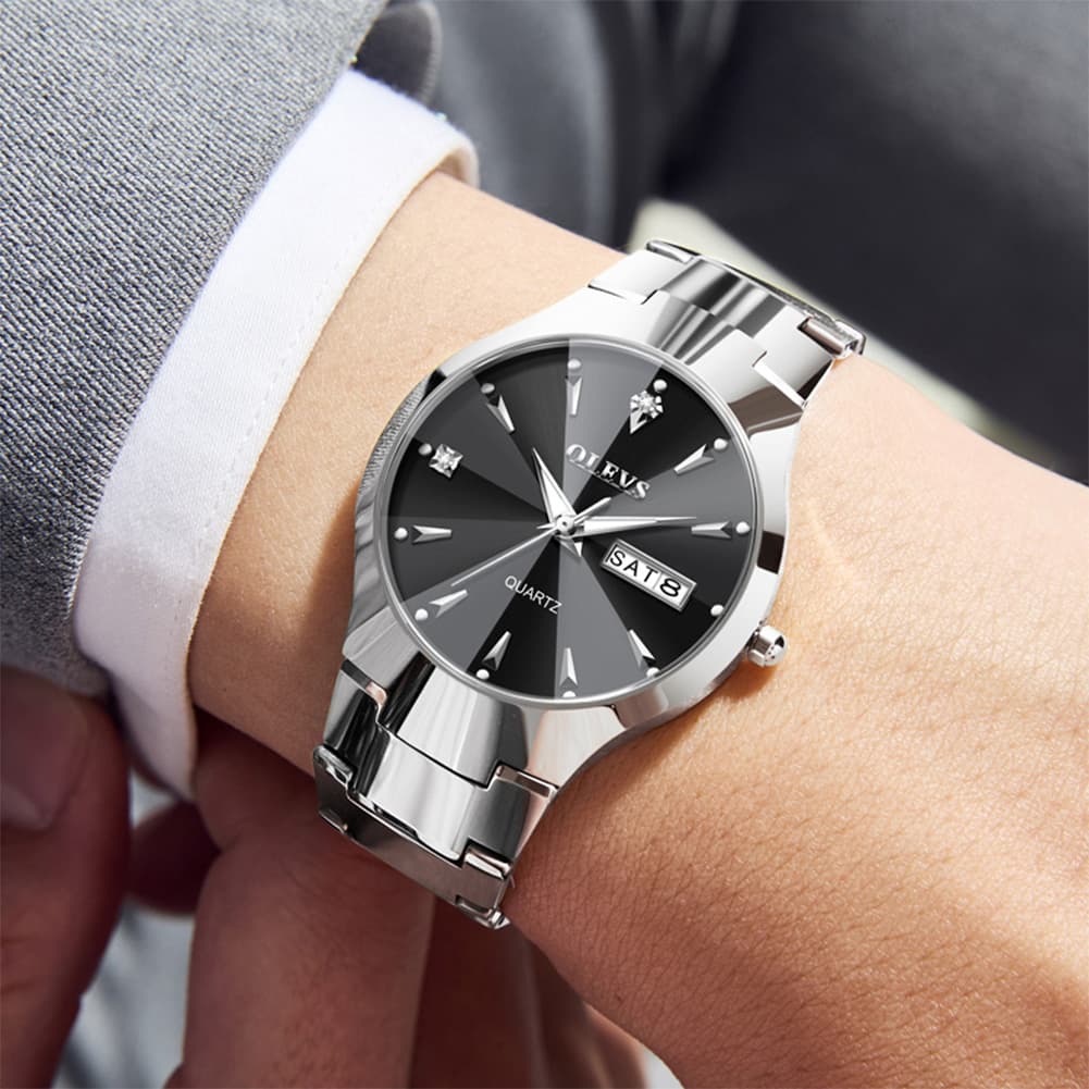 OLEVS Tungsten Steel Ultra Thin Day Date Couple Watch 8697 for Men and Women
