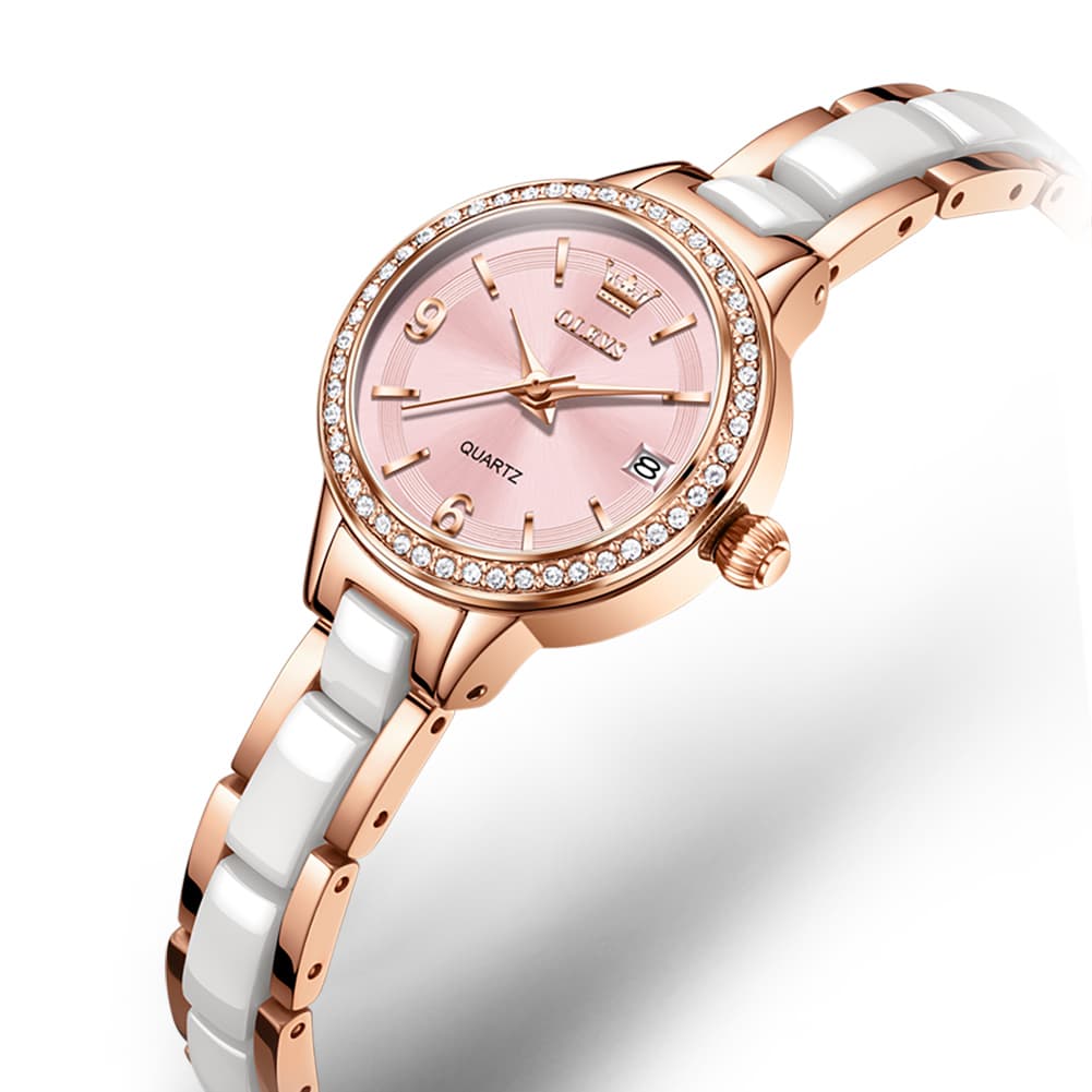 OLEVS 7093 White Ceramic Watch Women Dainty Diamond Bezel Date Quartz Jewelry Timepiece