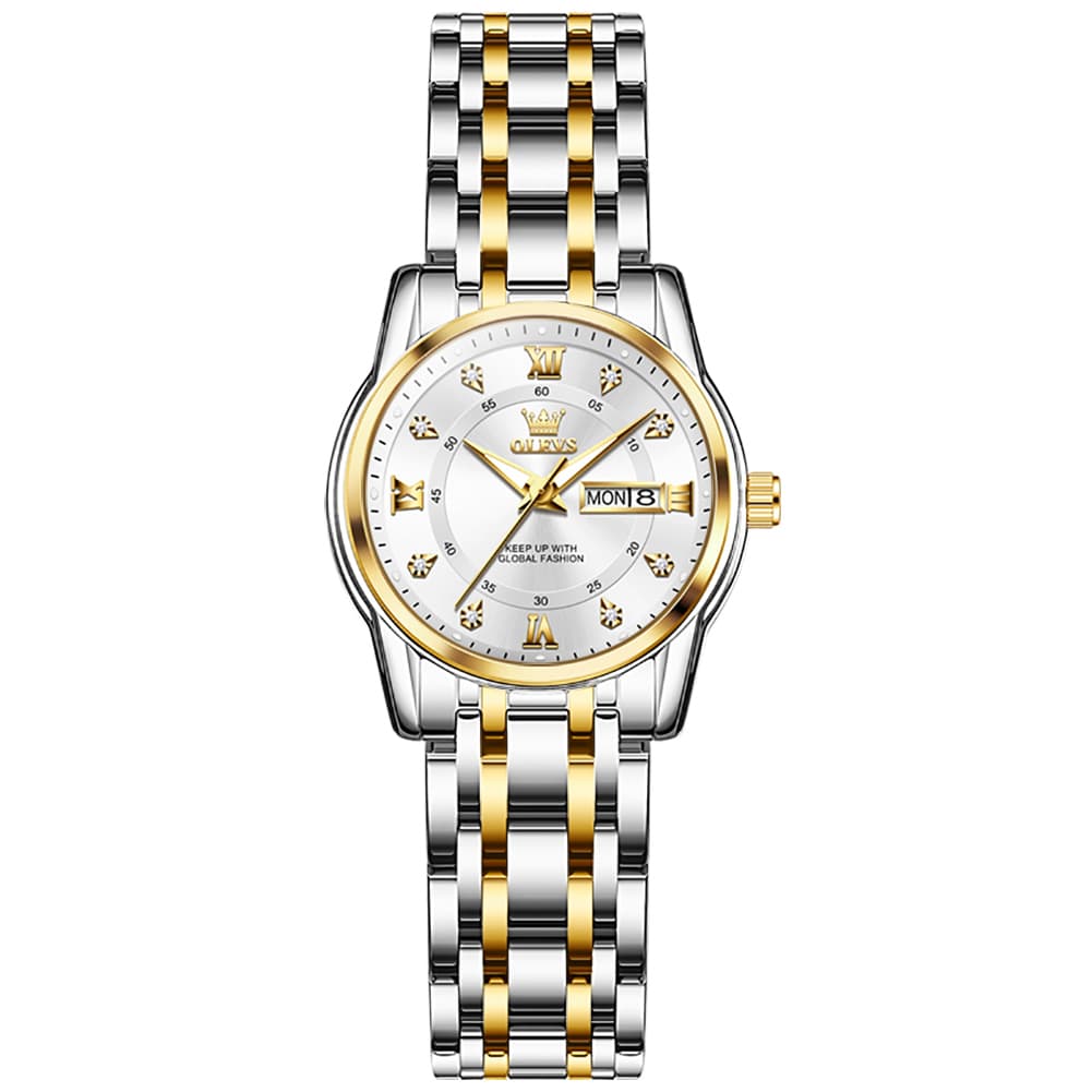 OLEVS Diamond Dial Day Date Quartz Watch 5513 Steel Band for Women